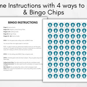 Puede incluir: Un juego de bingo imprimible con instrucciones para cuatro formas de jugar. El juego incluye una lista de reproducci&oacute;n de canciones, tarjetas de llamada, fichas de bingo y tarjetas de juego. Las fichas de bingo son p&uacute;as de guitarra de color verde azulado.