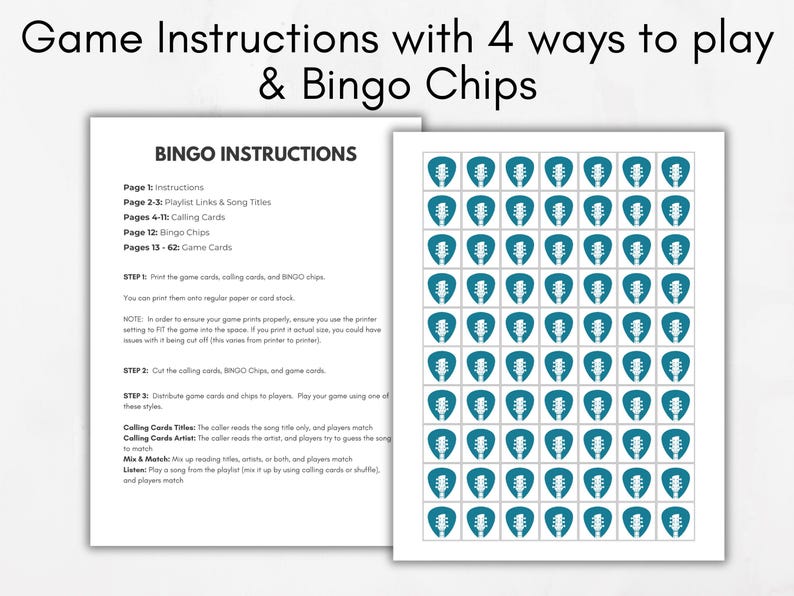 Puede incluir: Un juego de bingo imprimible con instrucciones para cuatro formas de jugar. El juego incluye una lista de reproducci&oacute;n de canciones, tarjetas de llamada, fichas de bingo y tarjetas de juego. Las fichas de bingo son p&uacute;as de guitarra de color verde azulado.