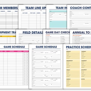 May include: A printable set of 10 black and white forms for organizing a sports team. The forms include team members, team line up, team in, coach contacts, equipment tracker, field details, game day check, annual to do list, game schedule, and practice schedule.