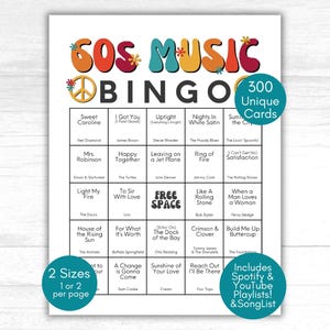May include: A white 60s Music Bingo game card with colorful text and a peace sign. The card includes 300 unique cards, 2 sizes, and Spotify & YouTube playlists. The bingo card features song titles.