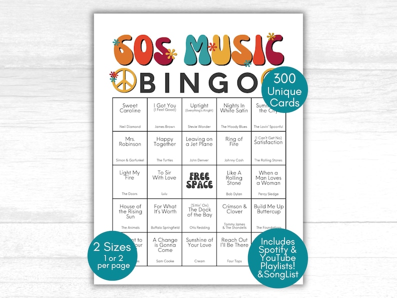 May include: A white 60s Music Bingo game card with colorful text and a peace sign. The card includes 300 unique cards, 2 sizes, and Spotify & YouTube playlists. The bingo card features song titles.