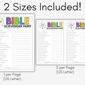 May include: Two printable Bible Scavenger Hunt pages are shown. The title "BIBLE SCAVENGER HUNT" is in colorful letters above a list of questions. One page is a single sheet, and the other has two smaller sheets per page.