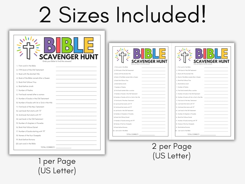 May include: Two printable Bible Scavenger Hunt pages are shown. The title "BIBLE SCAVENGER HUNT" is in colorful letters above a list of questions. One page is a single sheet, and the other has two smaller sheets per page.