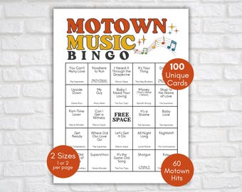 Bingo de Música Motown, Bingo de Músicas Antigas, Mês da História Negra, Músicas Motown dos anos 60 e 70, Playlist Motown, Jogo com 100 Cartelas de Bingo