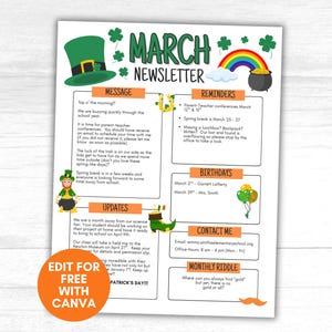 May include: A St. Patrick's Day themed newsletter with a green leprechaun hat, rainbow, and pot of gold illustrations. The newsletter includes sections for messages, reminders, birthdays, and contact information. Text includes "March Newsletter" and "Edit for Free with Canva."