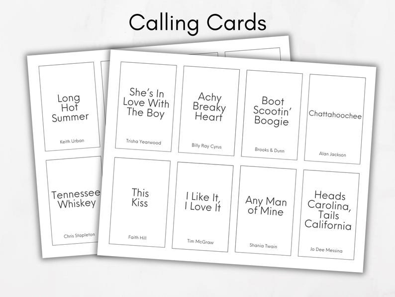 Puede incluir: Un juego de 10 tarjetas de llamada con los nombres de canciones y artistas de m&uacute;sica country populares. Las tarjetas son blancas con texto negro. Las canciones incluyen "Long Hot Summer", "She's In Love With The Boy", "Achy Breaky Heart", "Boot Scootin' Boogie", "Chattahoochee", "Tennessee Whiskey", "This Kiss", "I Like It, I Love It", "Any Man of Mine", y "Heads Carolina, Tails California".