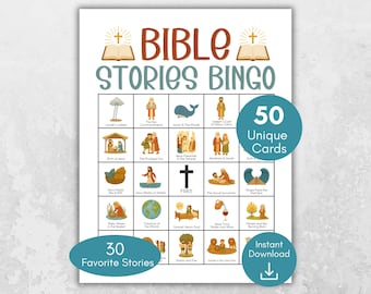 Bible Stories Bingo, Bible Bingo Game, Sunday School Activity, Bible Stories Game, 50 Bingo Cards, Youth Group Game, Kids Bible Activity