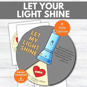 Może przedstawiać: Grafika kołowa z napisem „LET MY LIGHT SHINE” i ilustracją niebieskiej latarki. Obraz zawiera tekst „LET YOUR LIGHT SHINE” u góry i „2 Style Options” w pomarańczowym okręgu.