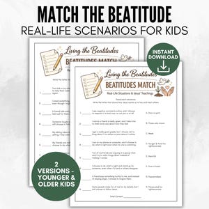 Puede incluir: Dos hojas de trabajo imprimibles tituladas "Match the Beatitude" con el texto "Real-Life Scenarios for Kids". Las hojas de trabajo están diseñadas para niños más pequeños y mayores. Una tiene un lápiz y un gráfico de lista de verificación.