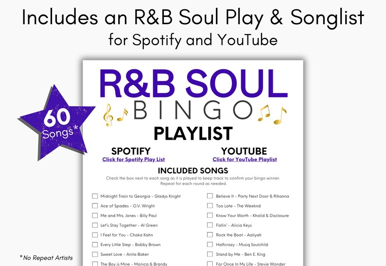 R&B Songs Bingo, RB Music Bingo, Soul Music Bingo, Music Party Activity, Music Bingo Game, Printable Bingo Cards, Spotify Playlist, 200 Card image 4