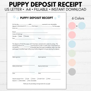 Puppy Deposit Receipt, Dog Breeder Forms, Fillable Puppy Deposit Form, New Puppy, Dog Breeder Forms, Printable PDF