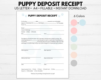 Recibo de depósito de cachorro, formularios de criador de perros, formulario de depósito de cachorro rellenable, cachorro nuevo, formularios de criador de perros, PDF imprimible