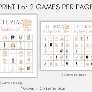 May include: A printable Loter&iacute;a de Despedida de Soltera game card set featuring peach-colored floral accents. The cards display a grid of wedding-themed illustrations with Spanish text labels. The layout options include one game per page or two games per page in US Letter size.