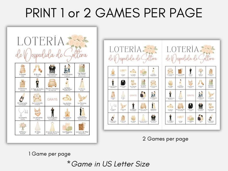 May include: A printable Loter&iacute;a de Despedida de Soltera game card set featuring peach-colored floral accents. The cards display a grid of wedding-themed illustrations with Spanish text labels. The layout options include one game per page or two games per page in US Letter size.