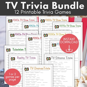 May include: A bundle of 12 printable TV trivia games, including topics from the 1940s to the 2000s, with categories like sitcoms and dramas. The bundle features a red "Instant Download" circle and a popcorn container in the background.