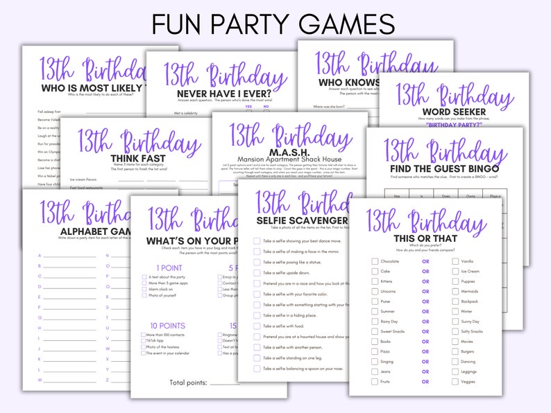 13th Birthday Party Games, 13 Year Old Party Games, Thirteenth Birthday, Girls 13th Birthday