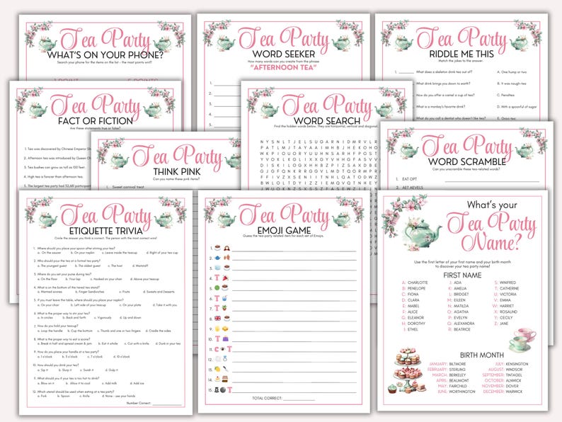 Tea Riddle Tea Party Games Printable Bundle, Tea Party Printable Games, Ladies Tea ...