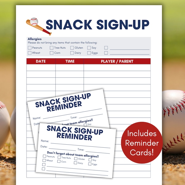 Baseball Snack Sign Up Sheet, Baseball Snack Schedule Template, TBall Snack Sign Up, Team Mom Binder, Snack Schedule, Snack Signup