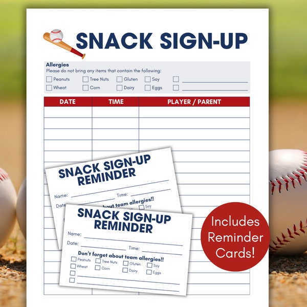 Baseball Snack Sign Up Sheet, Baseball Snack Schedule Template, TBall Snack Sign Up, Team Mom Binder, Snack Schedule, Snack Signup