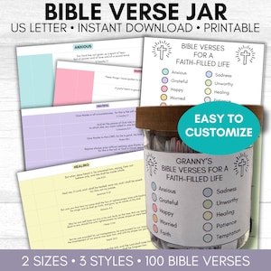 May include: Printable Bible verse jar with a wooden lid and a label that says "Granny's Bible Verses for a Faith-Filled Life". The jar is filled with small pieces of paper with Bible verses written on them. The label has a list of emotions and corresponding Bible verses for each emotion. The jar is on a white wooden background.