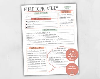 Może przedstawiać: Drukowany arkusz do studiowania Biblii zatytułowany "Bible Topic Study" z tematem "Mercy". Arkusz zawiera sekcje dotyczące powiązanych pism, słów kluczowych, definicji i osobistych notatek. Ma schemat kolorów brzoskwiniowego i zielonego.