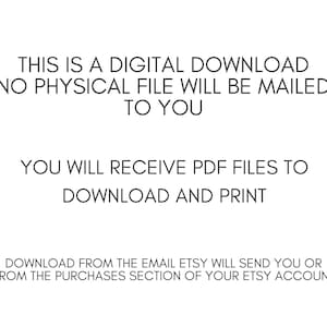 Puede incluir: Texto sobre un fondo blanco que dice: "Esta es una descarga digital. No se enviar&aacute; ning&uacute;n archivo f&iacute;sico por correo. Recibir&aacute; archivos PDF para descargar e imprimir. Descargue desde el correo electr&oacute;nico que Etsy le enviar&aacute; o desde la secci&oacute;n de compras de su cuenta de Etsy."