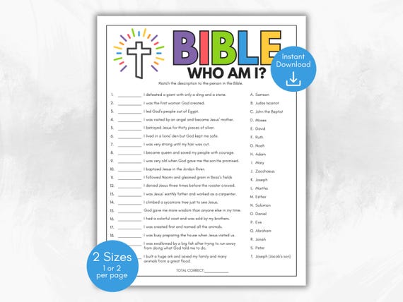 Bible Who Am I Match Up, Bible Games for Kids, Youth Group Activity, Church Icebreaker, Printable Bible Game, Bible Trivia Game, Bible Idea