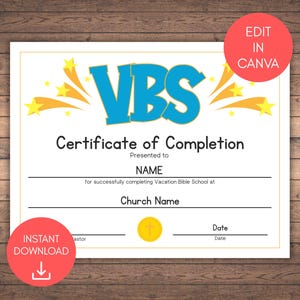 Urlaubsbibelschulzertifikat, bearbeitbarer Preis, VBS-Abschlusspreis, VBS-Zertifikat, Sommerlager für Kinderkirche, Geschenk für Kinderkirche
