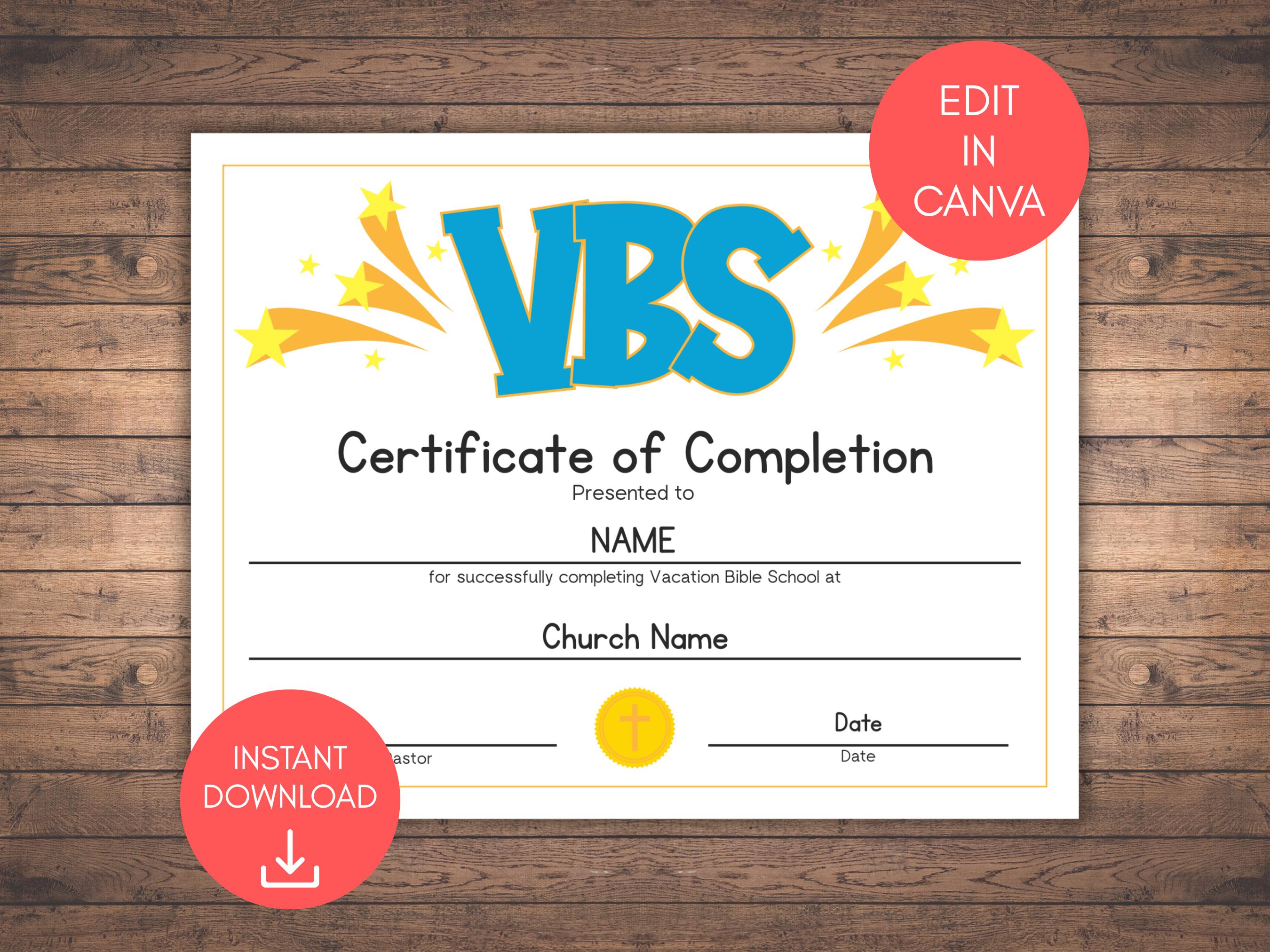 Vacation Bible School Ribbons For Graduation Vacation Bible School Certificate, Editable Award, VBS Completion Award ...