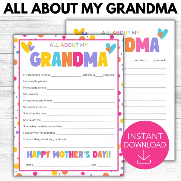 All About My Grandma Printable, Grandma Mother's Day Gift, All About Grandma Keepsake Gift, Gift from Grandkids,
