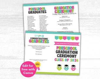 Plantilla de programa de graduación preescolar, programa de graduación para preescolar, programa de graduación preescolar editable, descarga instantánea.