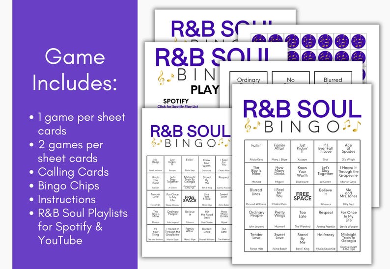 May include: R&B Soul Bingo game set with multiple game cards, calling cards, bingo chips, and instructions. The game includes R&B Soul playlists for Spotify and YouTube. The game cards have a white background with black text and purple accents.