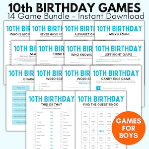 Puede incluir: Un conjunto de 14 juegos imprimibles para una fiesta de cumpleaños de 10 años, que incluyen trivial y bingo. Los juegos tienen un diseño azul y blanco, con el texto "Games for Boys" en un círculo naranja. Descarga instantánea.