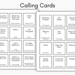 May include: Two white sheets of Calling Cards with song titles and artist names. The cards are arranged in a grid, featuring songs like "Leave the Door Open" and "Ordinary People". The text is in black, with the title "Calling Cards" at the top.
