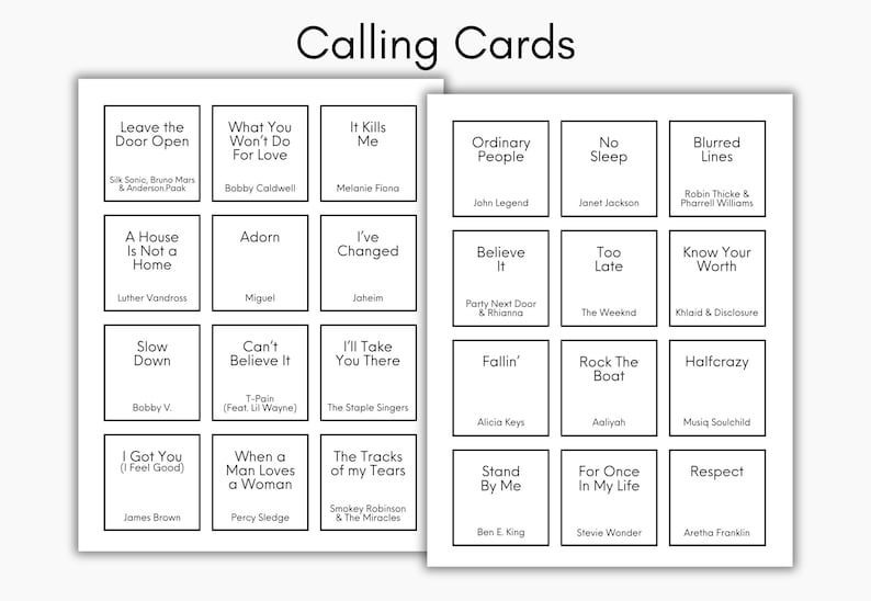 May include: Two white sheets of Calling Cards with song titles and artist names. The cards are arranged in a grid, featuring songs like "Leave the Door Open" and "Ordinary People". The text is in black, with the title "Calling Cards" at the top.