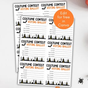 Op de afbeelding: Een stapel Halloween-kostuumwedstrijd stemformulieren. Elk formulier bevat de tekst "Costume Contest Voting Ballot" met ruimte voor scores en categorieën zoals "Scariest" en "Funniest". Het ontwerp bevat een vleermuis en een spookachtig silhouet.