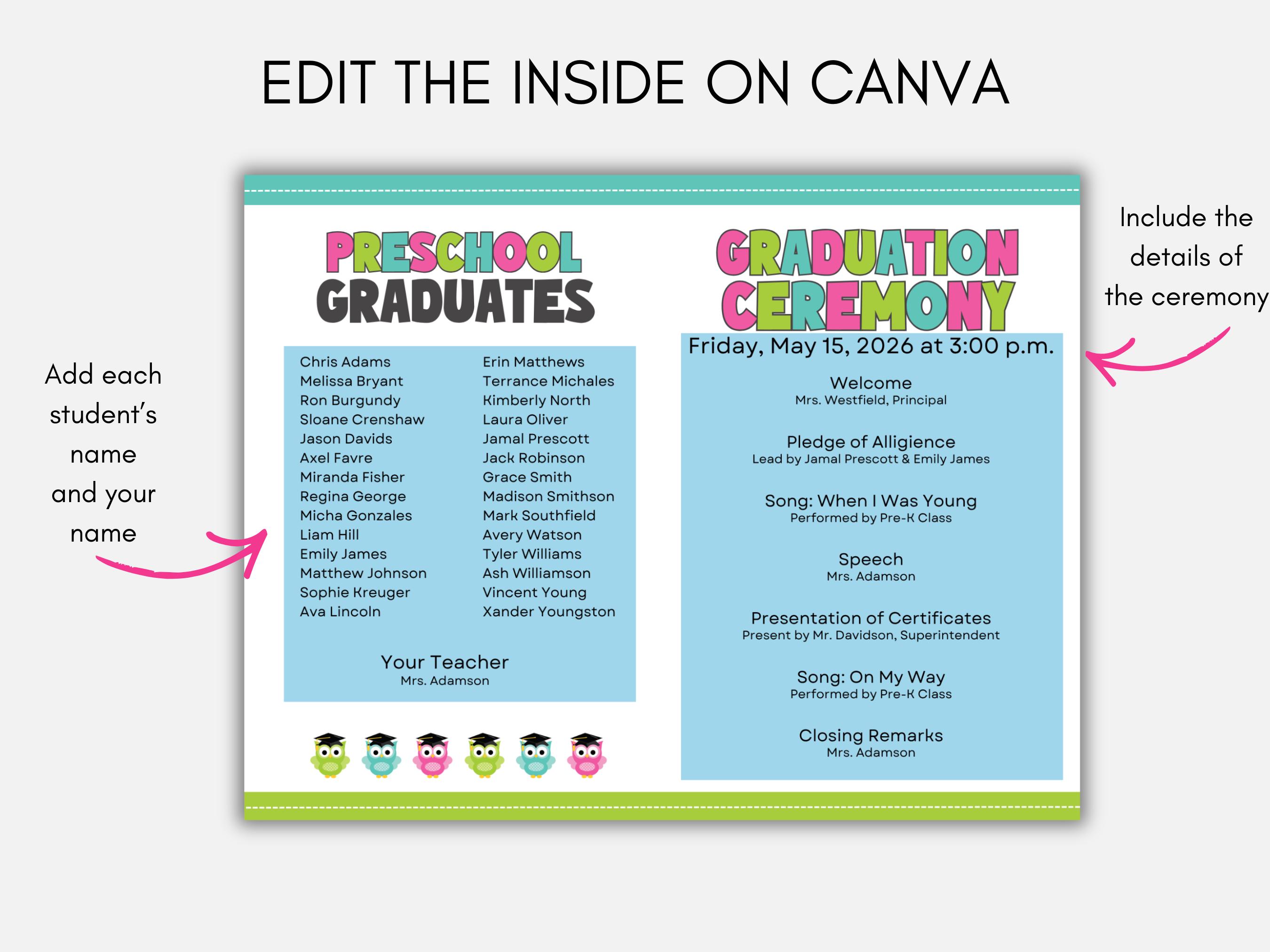Preschool Graduation Program Template, Graduation Program for Preschool ...