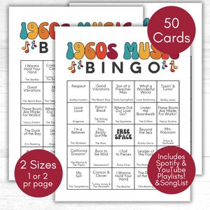 Bingo musical de los años 60, juego de los años 60, juego de bingo musical, fiesta de los años 60, juegos de fiesta de los años 60, lista de reproducción de los años 60, fiesta de cumpleaños retro, tarjetas de bingo musical de los años 60