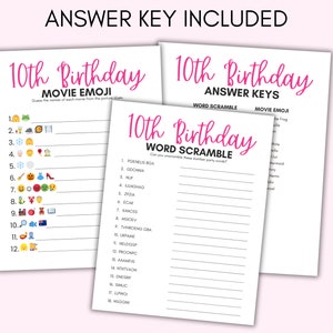 May include: Three white sheets of paper with pink text that reads "10th Birthday" and party game titles. The games include a movie emoji game, a word scramble, and answer keys. The words "Answer Key Included" are at the top.