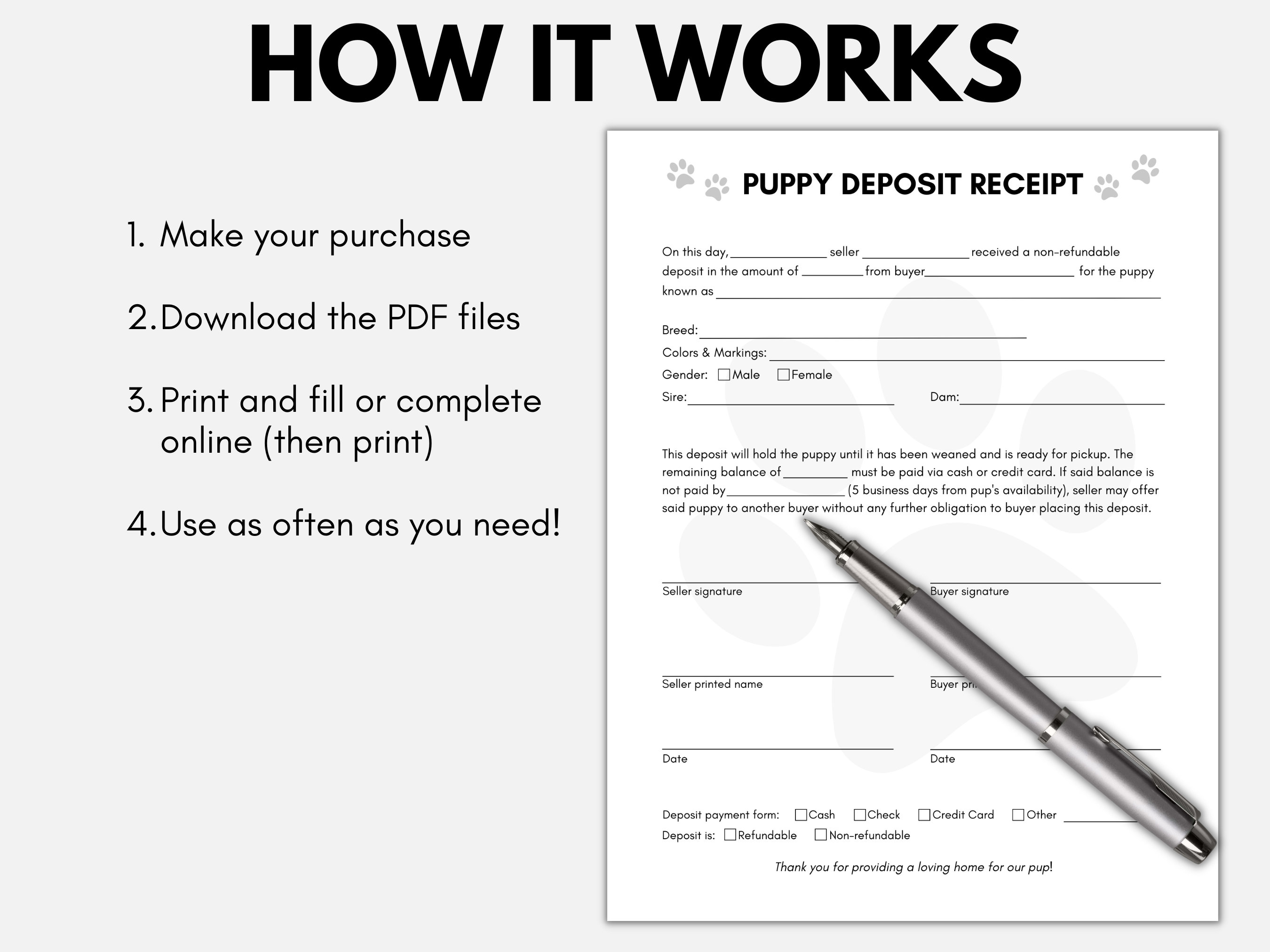 Puppy Deposit Receipt, Dog Breeder Forms, Fillable Puppy Deposit Form