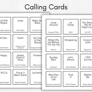 Op de afbeelding: Twee witte vellen "Calling Cards" met songtitels en artiestennamen in zwarte tekst. Nummers zijn onder meer "Call Me Maybe", "Jump", "All Star", "Yeah!", "Happy", "Sweet Child O' Mine", "Y.M.C.A." en meer.