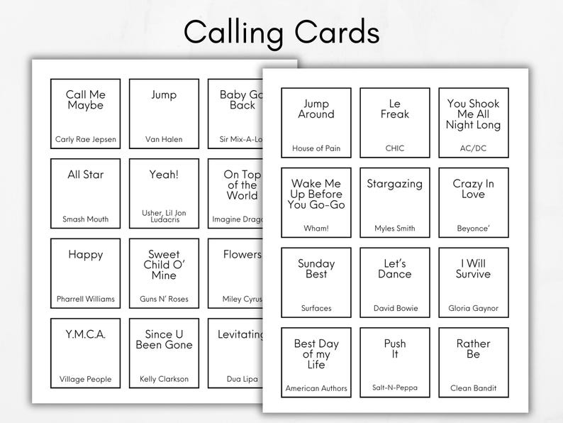 Op de afbeelding: Twee witte vellen "Calling Cards" met songtitels en artiestennamen in zwarte tekst. Nummers zijn onder meer "Call Me Maybe", "Jump", "All Star", "Yeah!", "Happy", "Sweet Child O' Mine", "Y.M.C.A." en meer.