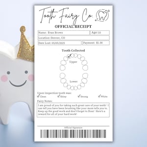 Certificat imprimable de reçu de fée des dents modifiable, dent perdue, lettre de fée des dents réaliste, lettre de fée des dents pour enfants, dent perdue