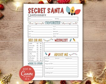 May include: A printable Secret Santa questionnaire with sections for favorites, wishlist, about me, and where to spend. The questionnaire is decorated with Christmas lights and a festive red and green color scheme.