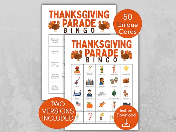 Macy's Thanksgiving Day Parade Bingo, Thanksgiving Bingo Game, Kids Bingo, Adult Bingo, Family Thanksgiving Game