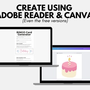May include: A laptop screen displaying a website with instructions on how to create a bingo card generator using Adobe Reader and Canva. The website includes a sample bingo card with the text "Birthday" and a laptop screen displaying a birthday cake with a single candle.