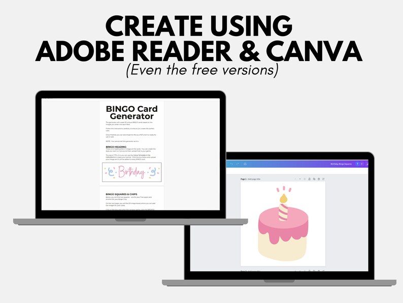 May include: A laptop screen displaying a website with instructions on how to create a bingo card generator using Adobe Reader and Canva. The website includes a sample bingo card with the text "Birthday" and a laptop screen displaying a birthday cake with a single candle.