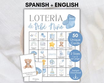 Spanish Baby Boy Bingo, Spanish Bingo Cards, Bilingual Loteria Shower Game, Bilingual Games, Bingo Spanish Baby Shower, Baby Shower Boy