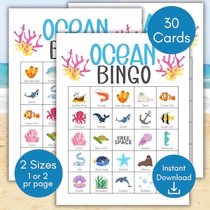 Ocean Bingo, Under the Sea Bingo, 30 cartas de bingo oceânicas para impressão, jogo de festa de aniversário náutico, atividade oceânica, jogo oceânico, bingo para impressão