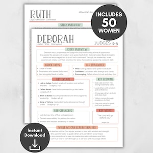 Op de afbeelding: Een afdrukbare digitale download met een gedetailleerde studiehandleiding over de bijbelse figuur Debora. De gids bevat verhalen, feiten, karaktereigenschappen, belangrijke gebeurtenissen, worstelingen en lessen. Het ontwerp is in zachte pastelkleuren.
